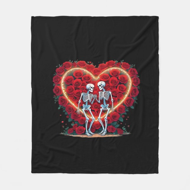Skeleton Couple Holding Hands Inside A Heart Of Ro Fleece Blanket (Front)