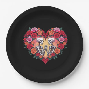 Skeleton Couple Holding Hands Inside A Heart Of Ro Paper Plate