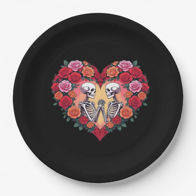 Skeleton Couple Holding Hands Inside A Heart Of Ro Paper Plate (Front)