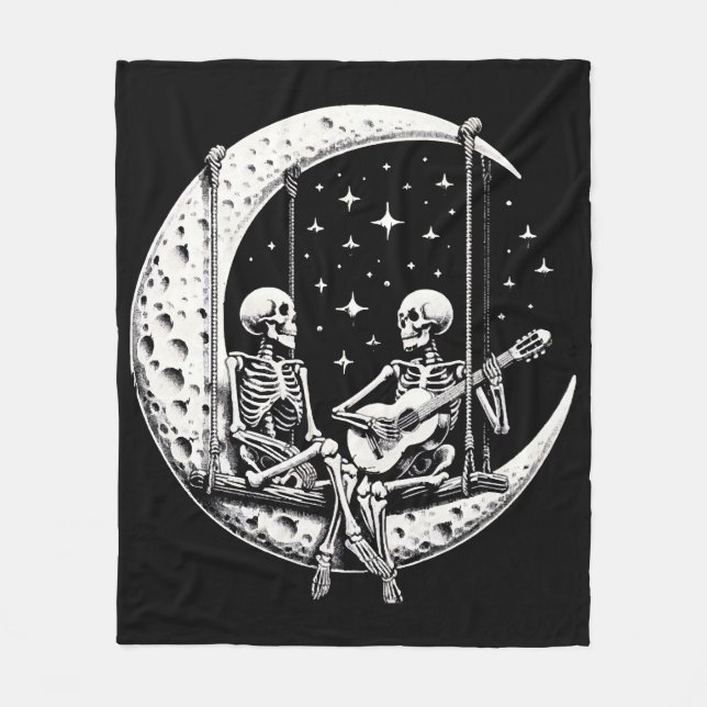 Skeleton Couple Moon Guitar Fleece Blanket (Front)