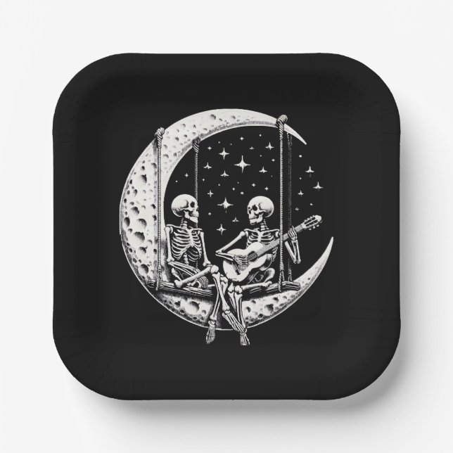 Skeleton Couple Moon Guitar Paper Plate (Front)