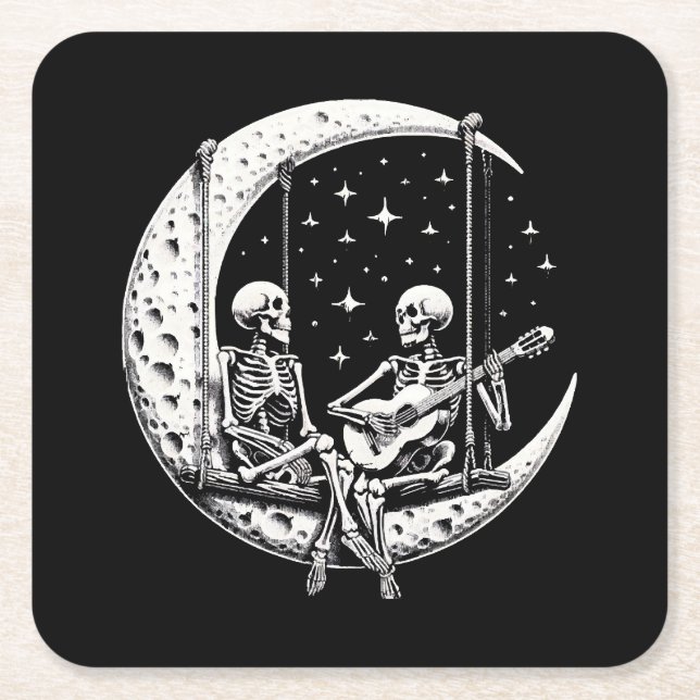 Skeleton Couple Moon Guitar Square Paper Coaster (Front)