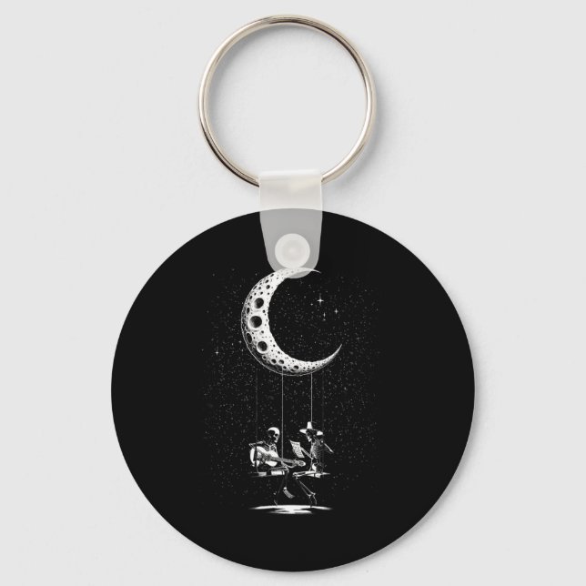 Skeleton Couple Moon Playing Guitar Halloween  Key Ring (Front)