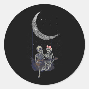 Skeleton Couple Moon Swing Playing Guitar Hallowee Classic Round Sticker