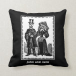 Skeleton Couple - Pillow #2 (Customise)<br><div class="desc">Customise by changing the background colour or changing the captions. 

A digitally manipulated vintage image based on a piece created by Jose Guadalupe Posada (1852-1913),  famous for his "Day of the Dead" images.</div>