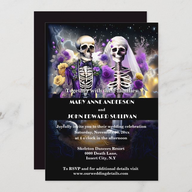 Skeleton couple purple yellow wedding invitation (Front/Back)