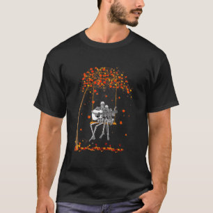 Skeleton Couple Rock On Autumn Tree Swing Playing  T-Shirt