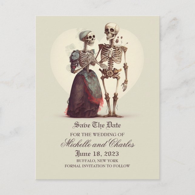 Skeleton Couple Save The Date Announcement  Postcard (Front)