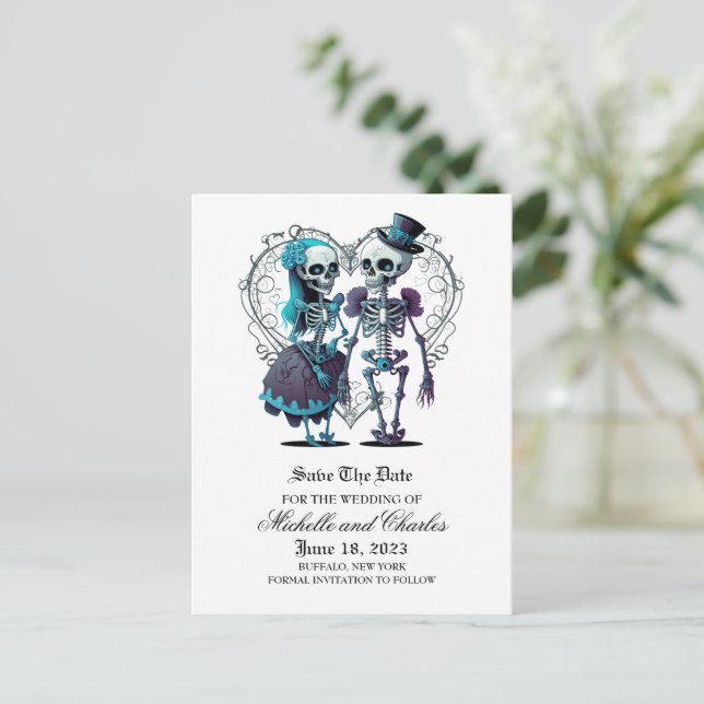 Skeleton Couple Save The Date Announcement Postcard (Standing Front)