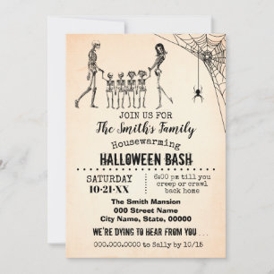 Skeleton Couple w 4 kids Housewarming Halloween Invitation