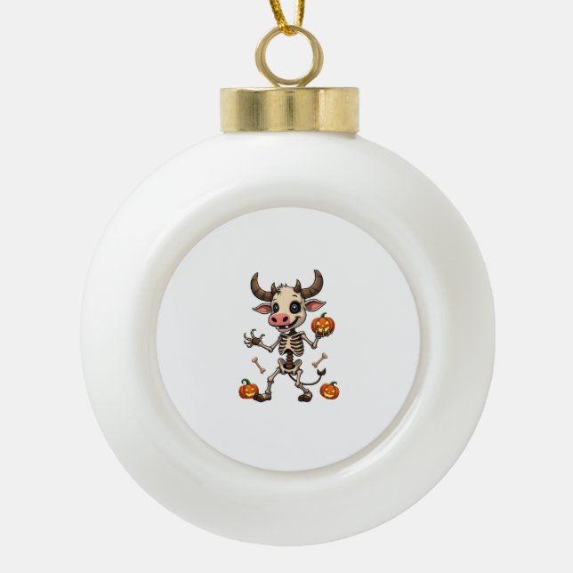 Skeleton Cow Parade Ceramic Ball Christmas Ornament (Front)