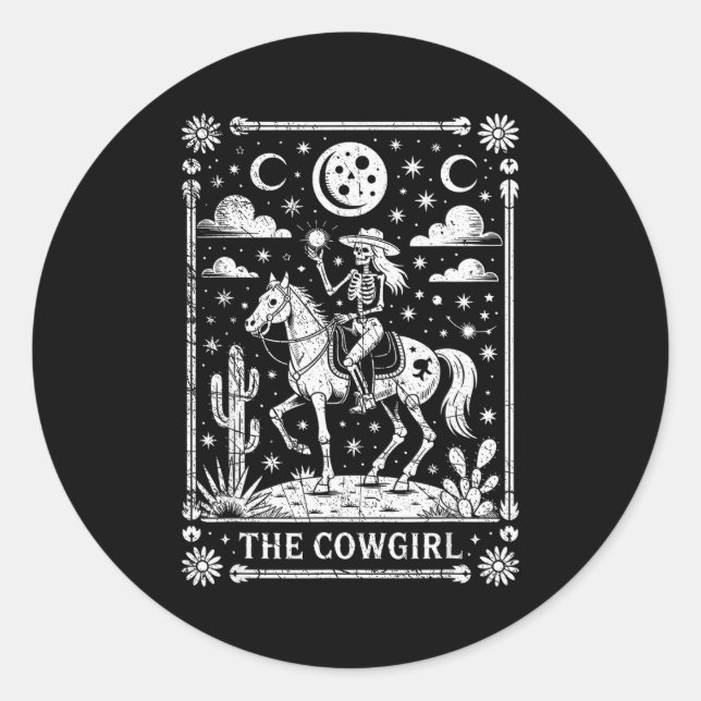 Skeleton Cowgirl Riding Horse Tarot Card Gothic Ha Classic Round Sticker (Front)