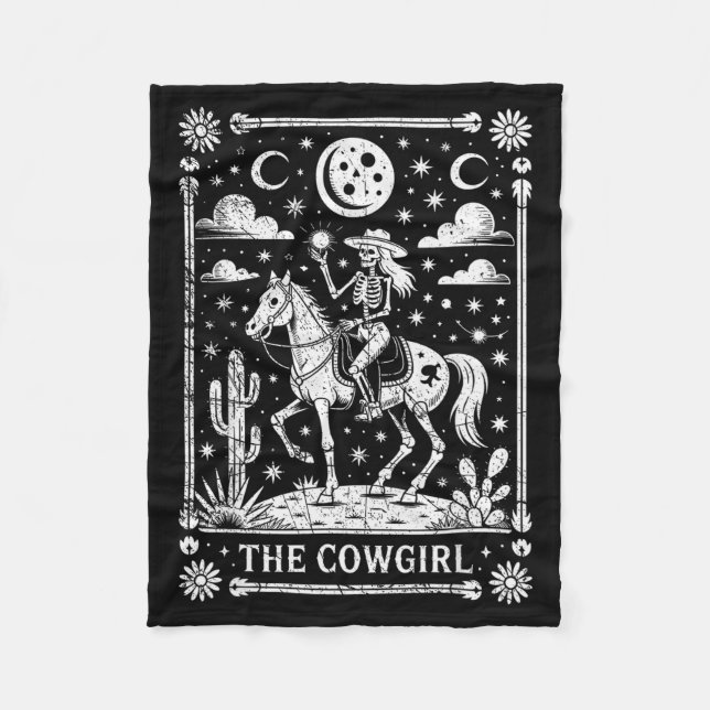 Skeleton Cowgirl Riding Horse Tarot Card Gothic Ha Fleece Blanket (Front)