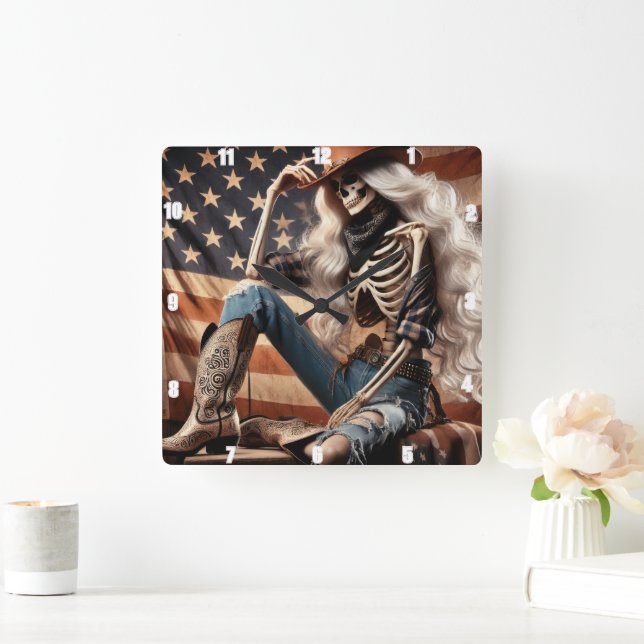 Skeleton Cowgirl Western Outfit Patriotic American Square Wall Clock (Home)