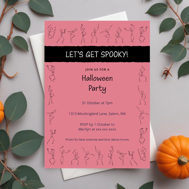 Skeleton Dance Halloween party invitation - pink (Creator Uploaded)