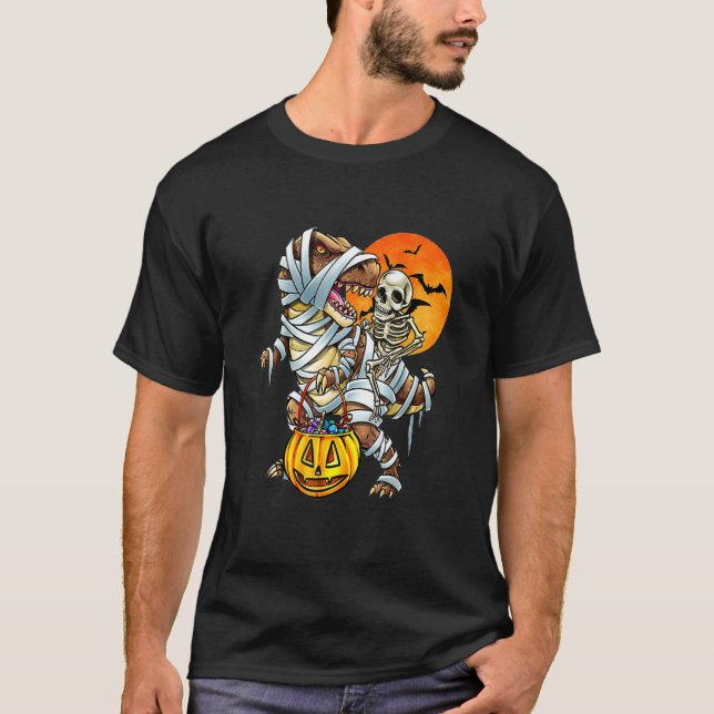 Skeleton Dinosaur rex Boys Halloween Mummy  Pumpki T-Shirt (Front)
