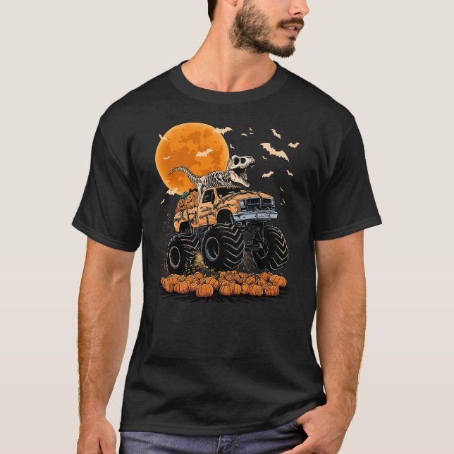 Skeleton Dinosaur T-rex Riding Monster Truck Hallo T-Shirt (Front)