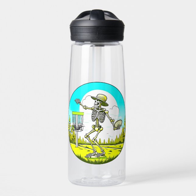 Skeleton Disc Golfer Retro Pop Art Water Bottle (Front)