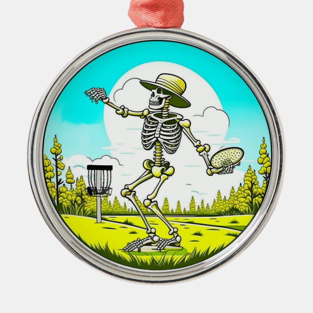 Skeleton Disc Golfing Themed Christmas Metal Ornament (Front)