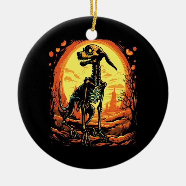 Skeleton Dog Halloween Art Ceramic Ornament (Front)