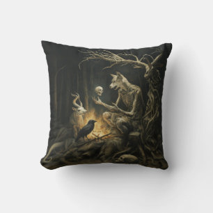 Skeleton Dog Moon Occult Dark Witchy AI Art Cushion