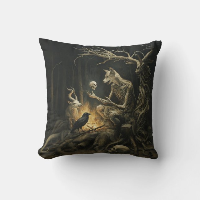 Skeleton Dog Moon Occult Dark Witchy AI Art Cushion (Front)