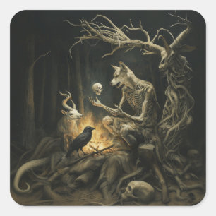 Skeleton Dog Moon Occult Dark Witchy AI Art Square Sticker