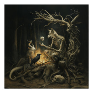 Skeleton Dog Moon Witchy AI Art Semi-Gloss Poster