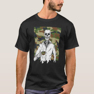 Skeleton Driking Coffee Veterans Day Cool Camo   T-Shirt