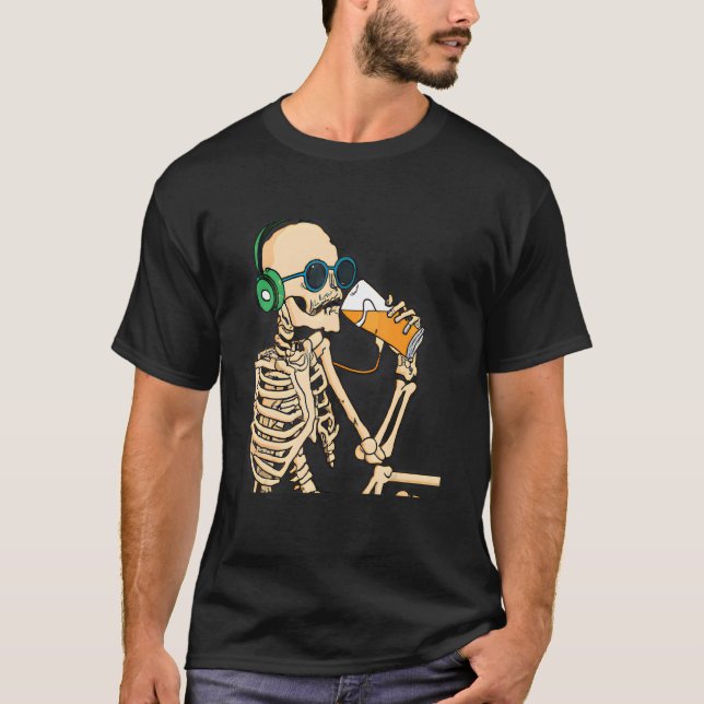 Skeleton Drinking Beer And Wearing Headphone And A T-Shirt (Front)