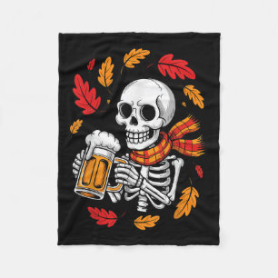 Skeleton Drinking Beer Funny Halloween Autumn Fall Fleece Blanket
