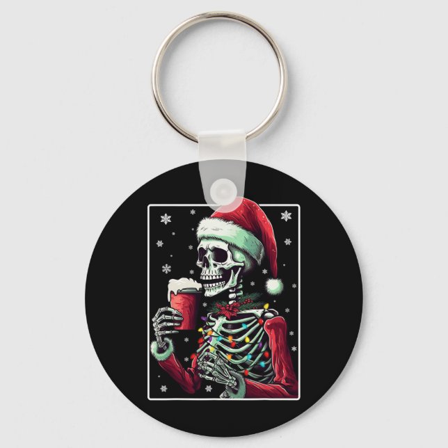 Skeleton Drinking Cocoa - Funny Hot Chocolate Xmas Key Ring (Front)
