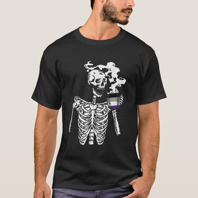 Skeleton Drinking Coffee Asexual Pride Skull LGBTQ T-Shirt (Front)