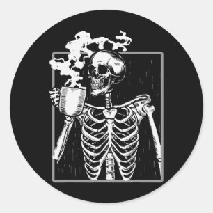 Skeleton Drinking Coffee Fun Skull Men Women Hallo Classic Round Sticker