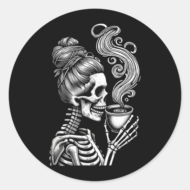 Skeleton Drinking Coffee Funny Halloween Costume Classic Round Sticker (Front)