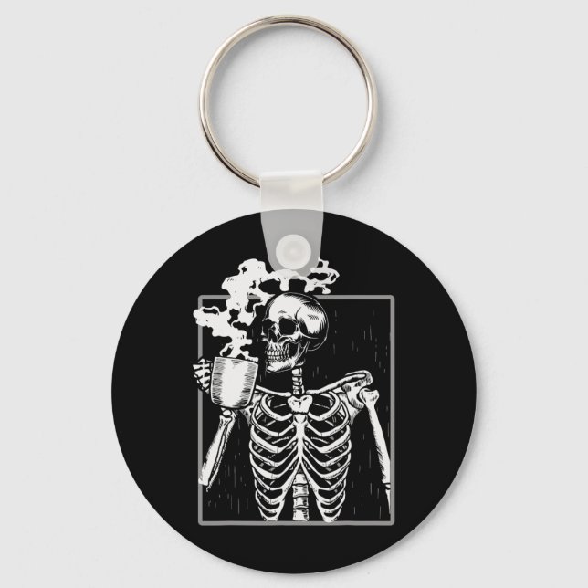 Skeleton Drinking Coffee Funny Skull Men Women Hal Key Ring (Front)