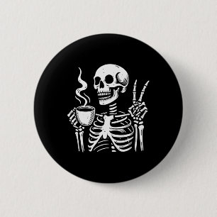 Skeleton Drinking Coffee Gothic Peace Sign Hallowe 6 Cm Round Badge