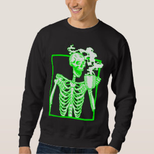 skeleton drinking coffee halloween acid green sweatshirt