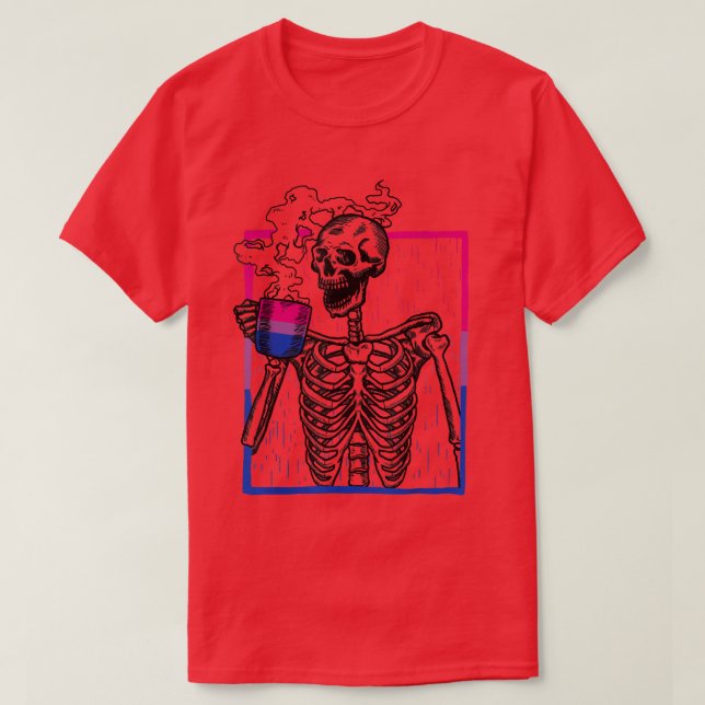 Skeleton Drinking Coffee LGBT Biseual Flag Bi Prid T-Shirt (Design Front)