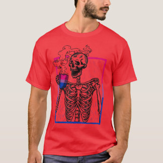 Skeleton Drinking Coffee LGBT Biseual Flag Bi Prid T-Shirt
