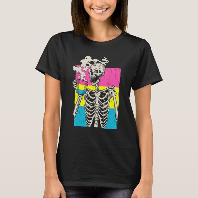Skeleton Drinking Coffee LGBT Q Pansexual Pride Pa T-Shirt (Front)