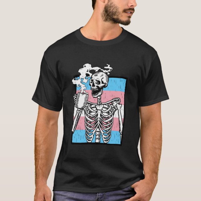 Skeleton Drinking Coffee Lgbt-Q Transgender Pride  T-Shirt (Front)