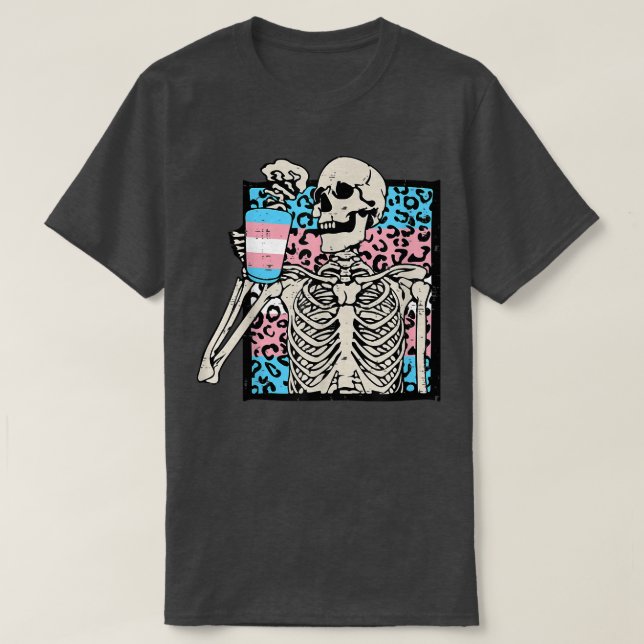 Skeleton Drinking Coffee LGBT Transgender Leopard  T-Shirt (Design Front)