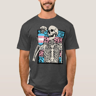 Skeleton Drinking Coffee LGBT Transgender Leopard  T-Shirt