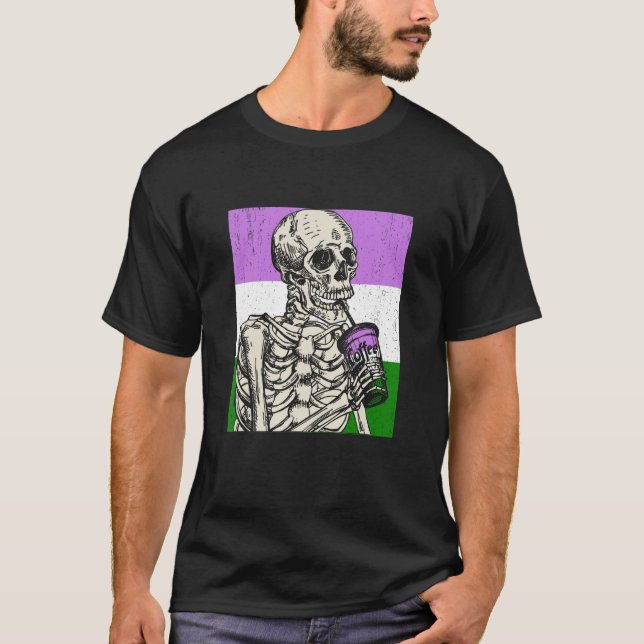 Skeleton Drinking Coffee LGBTQ Genderqueer Pride F T-Shirt (Front)