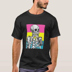 Skeleton Drinking Coffee LGBTQ Pansexual Pride Pan T-Shirt