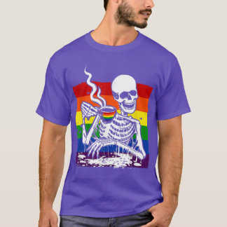 Skeleton Drinking Coffee LGBTQ Retro Gay Pride Fla T-Shirt