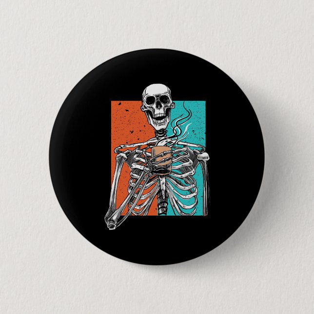 Skeleton Drinking Coffee Lover Fun Halloween Skull 6 Cm Round Badge (Front)