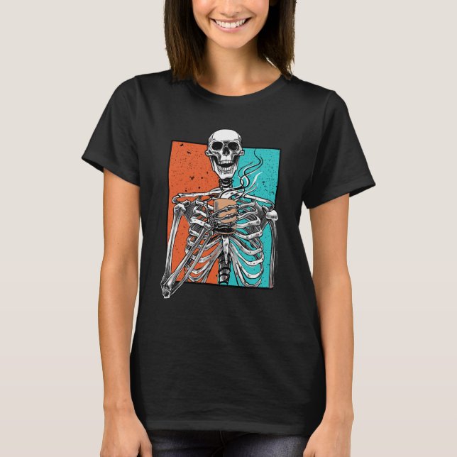 Skeleton Drinking Coffee Lover Funny Halloween Sku T-Shirt (Front)