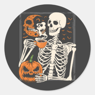 Skeleton Drinking Coffee Lover Halloween Skull Classic Round Sticker
